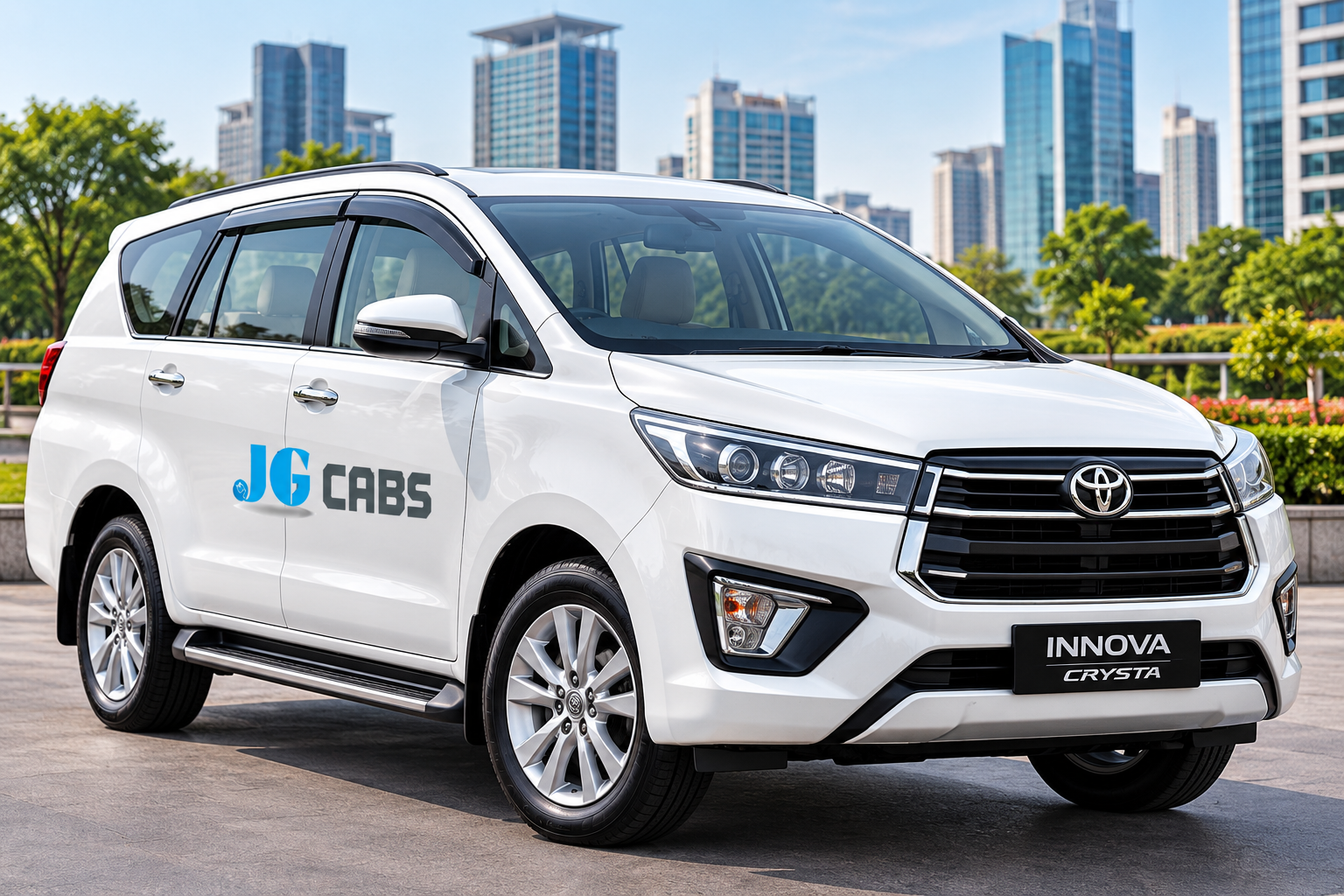 JG CABS white sedan — Indian tourist vehicle
